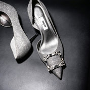 Grey Lurex D'Orsay Crystal Buckle Stiletto Heels Pumps