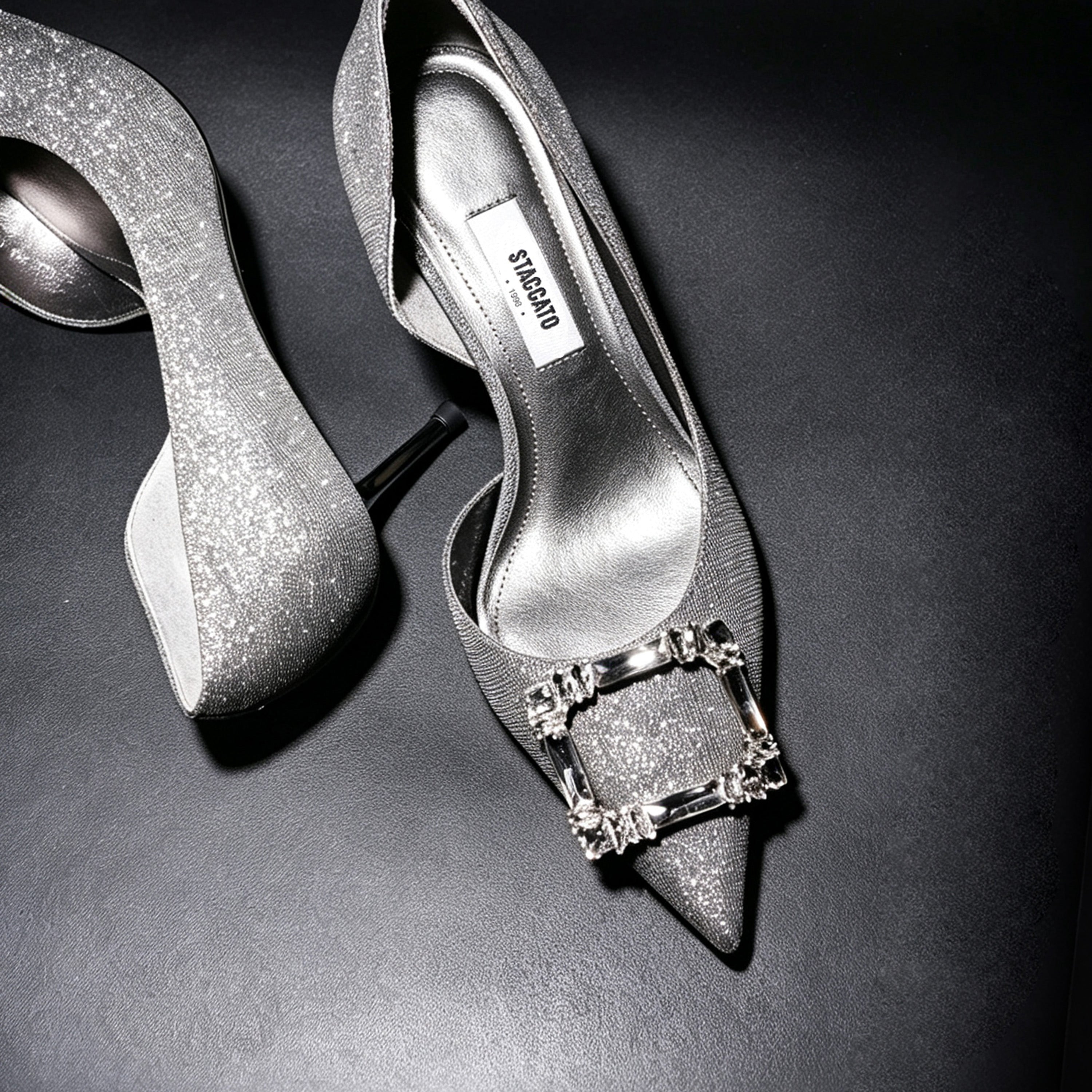 Grey Lurex D'Orsay Crystal Buckle Stiletto Heels Pumps