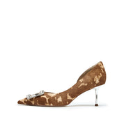 Leopard Print Calf Hair Crystal Buckle D'Orsay Pumps