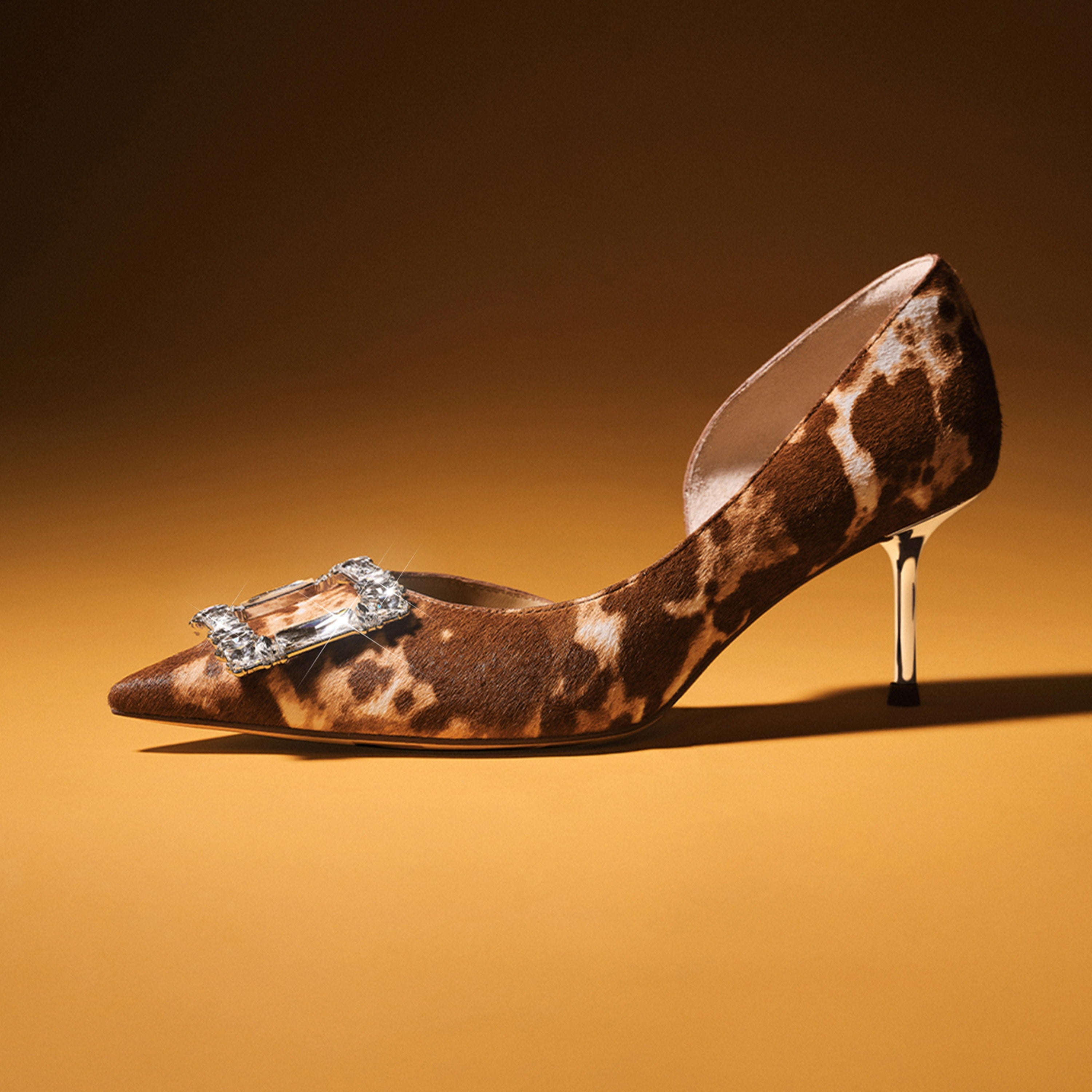 Leopard Print Calf Hair Crystal Buckle D'Orsay Pumps