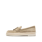 Taupe Suede Golden Leaf Penny Loafers