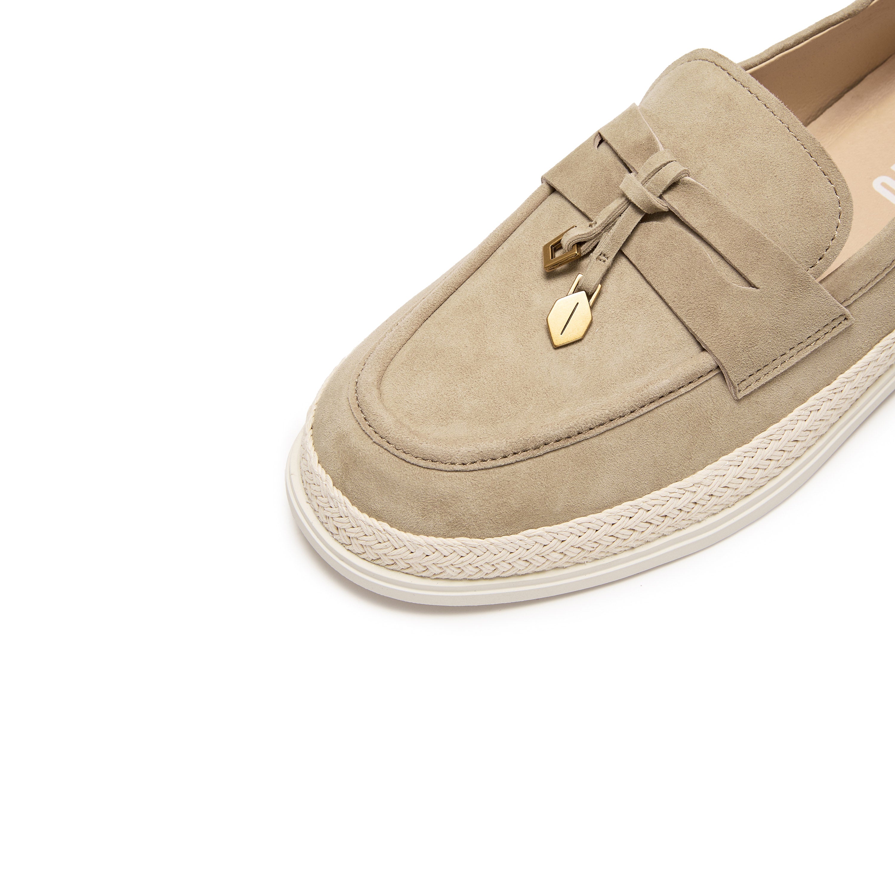 Taupe Suede Golden Leaf Penny Loafers