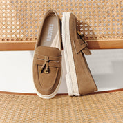 Taupe Suede Golden Leaf Penny Loafers