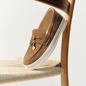 Taupe Suede Golden Leaf Penny Loafers