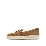 Camel Suede Golden Leaf Penny Loafers