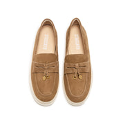 Camel Suede Golden Leaf Penny Loafers
