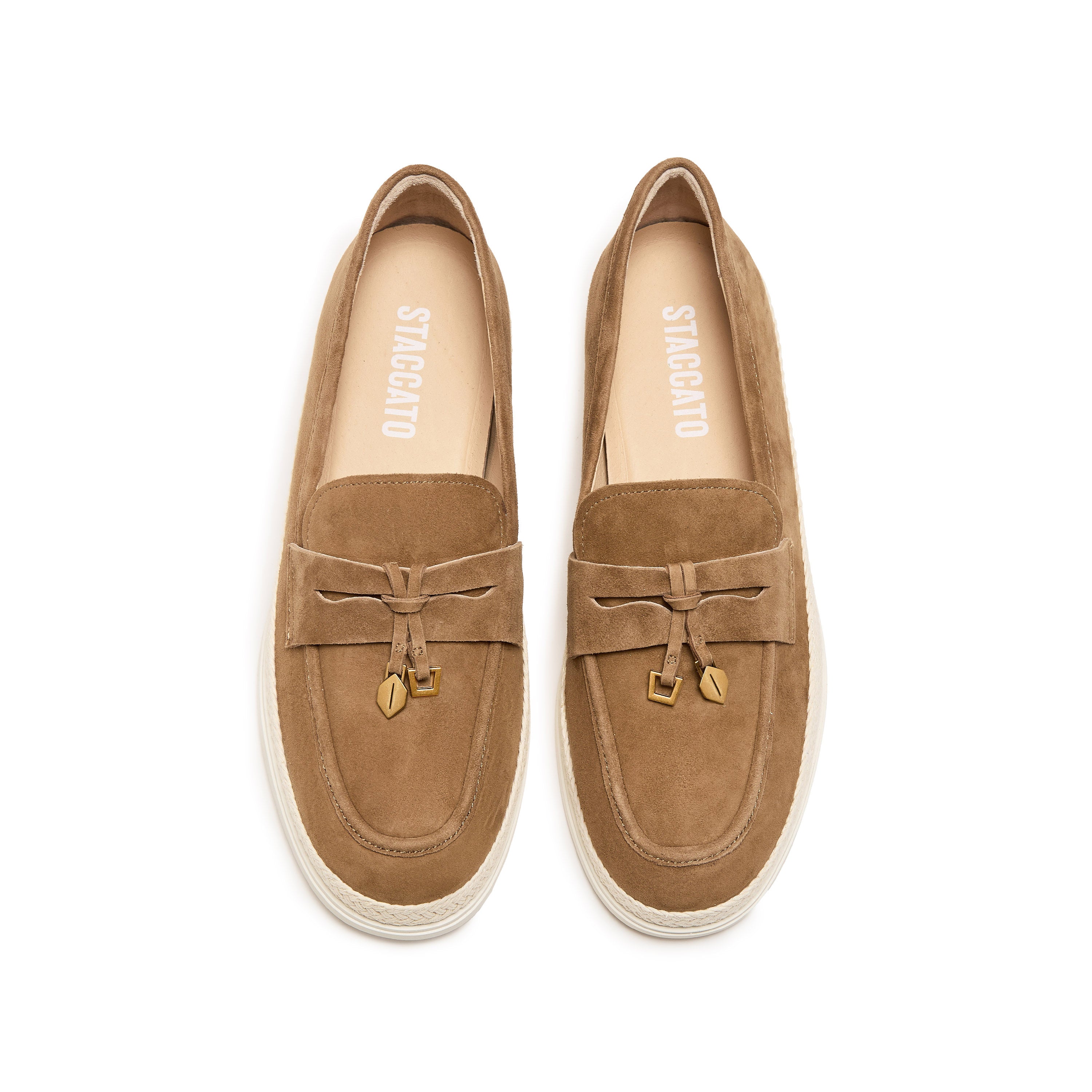Camel Suede Golden Leaf Penny Loafers