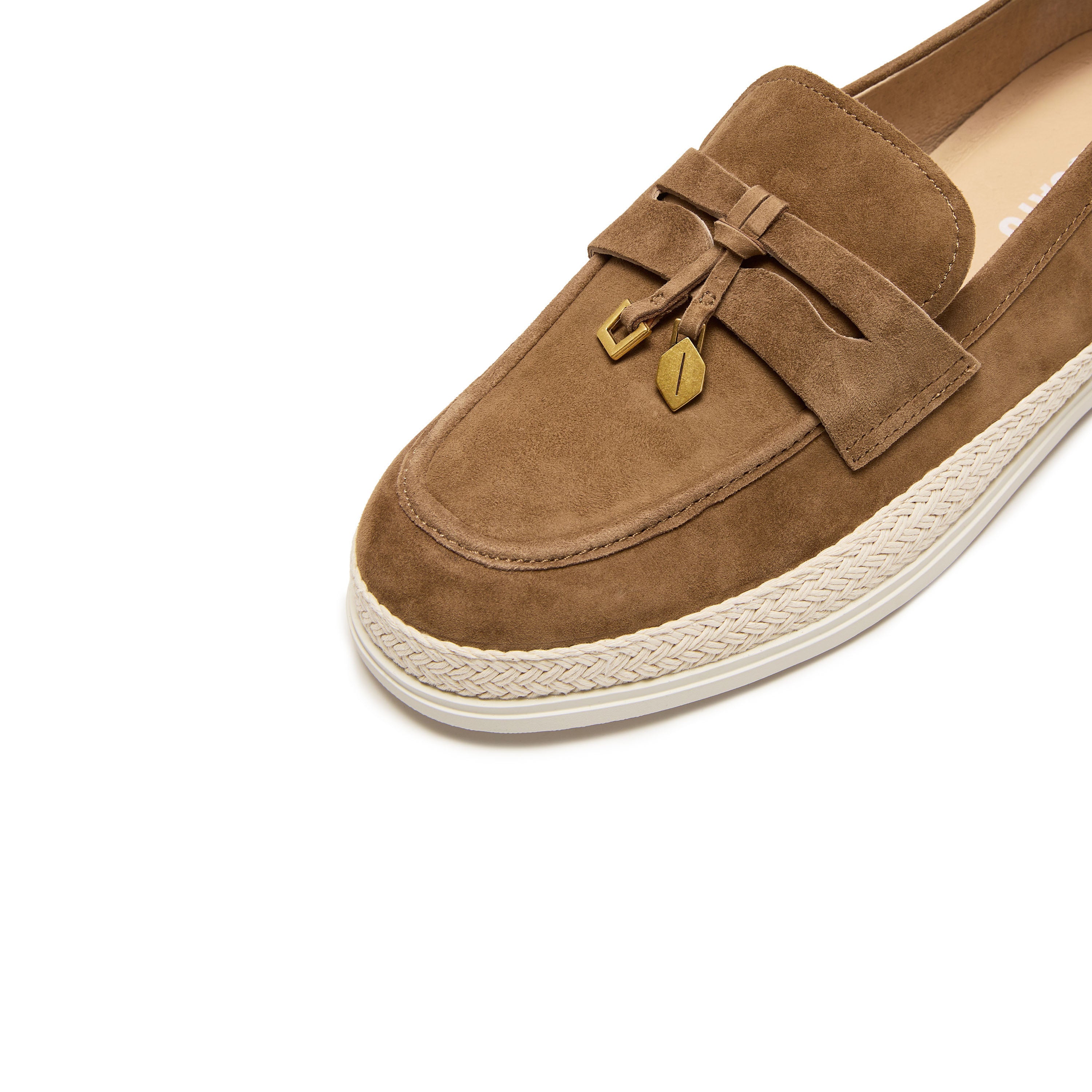 Camel Suede Golden Leaf Penny Loafers