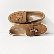 Camel Suede Golden Leaf Penny Loafers