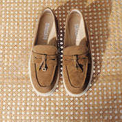 Camel Suede Golden Leaf Penny Loafers