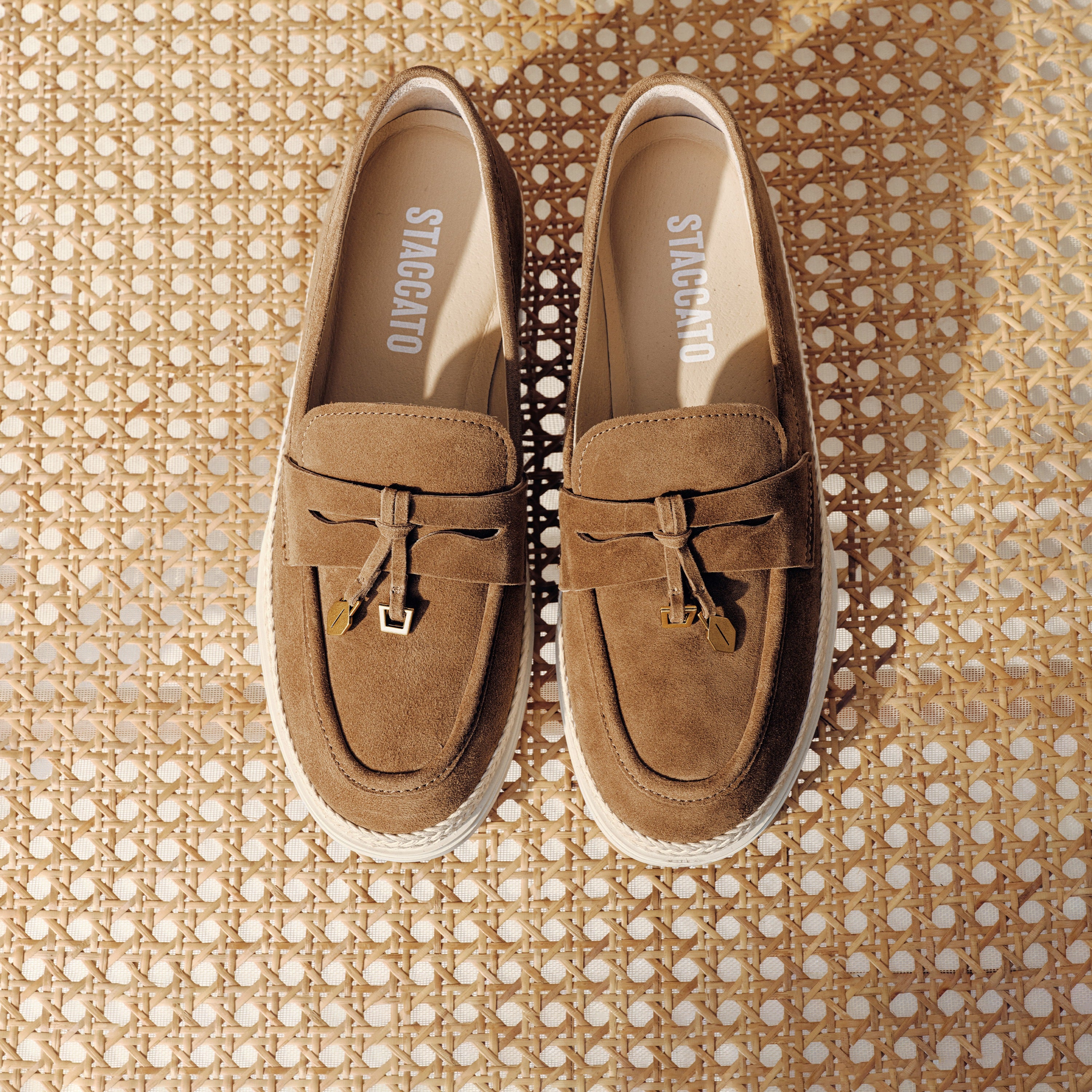Camel Suede Golden Leaf Penny Loafers