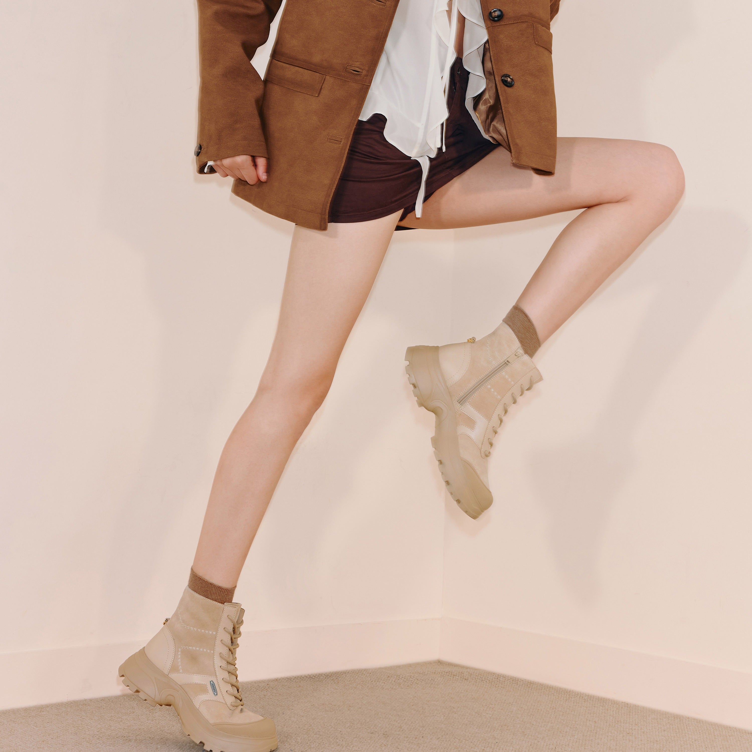 Taupe Suede Sporty Chunky Lace Up Combat Boots