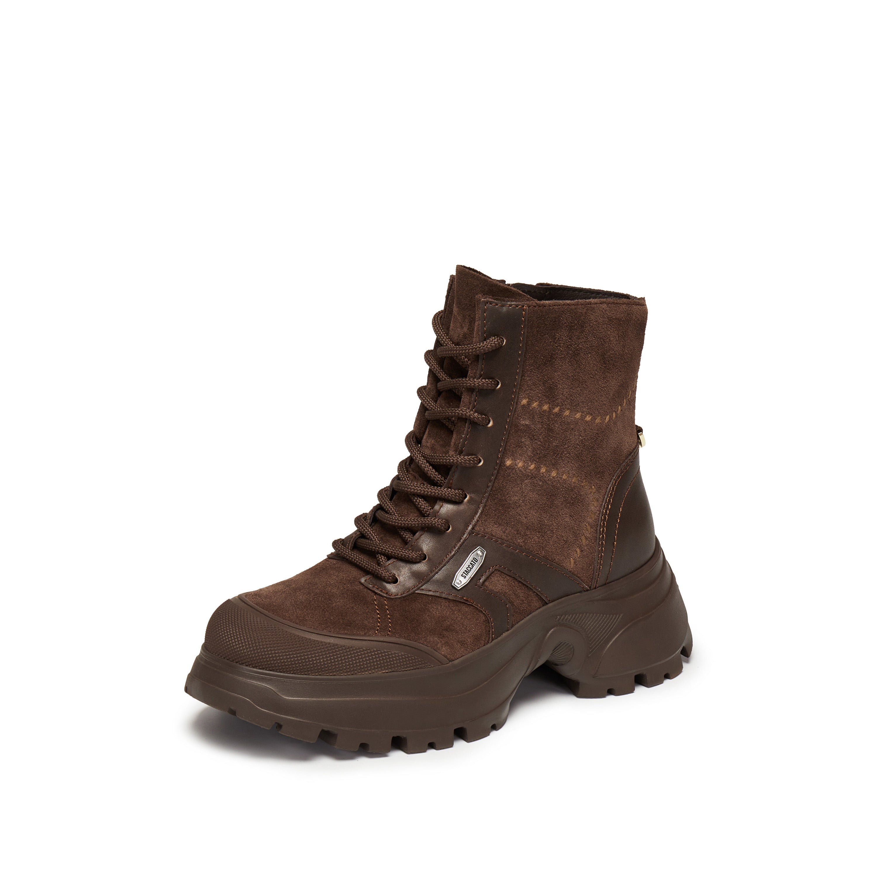 Brown Suede Sporty Chunky Lace Up Combat Boots