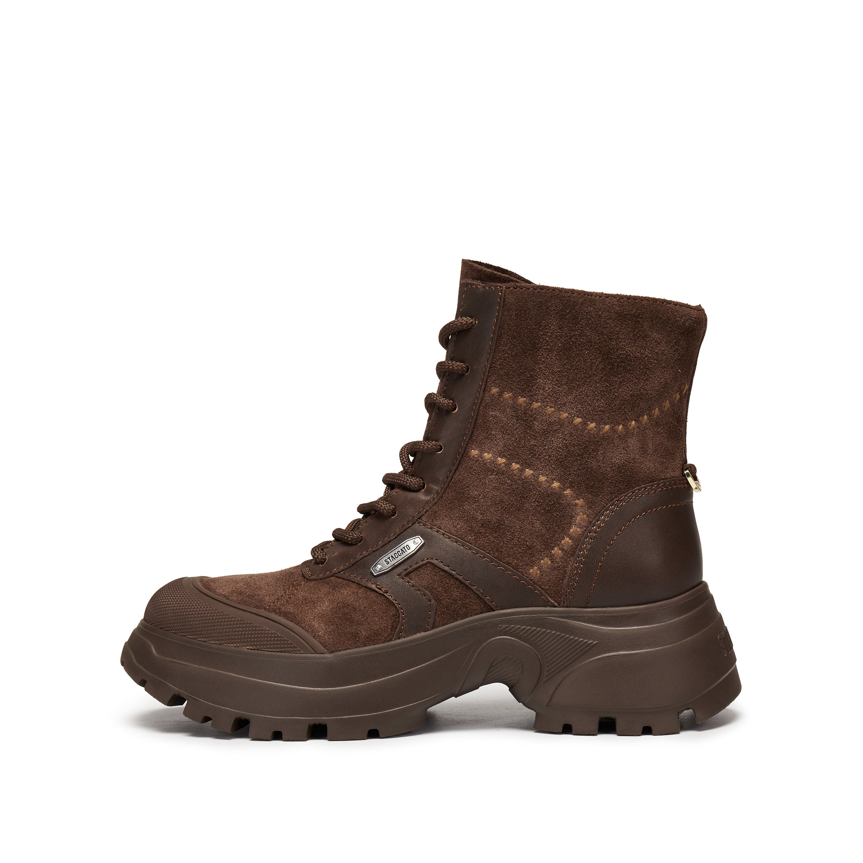 Brown Suede Sporty Chunky Lace Up Combat Boots
