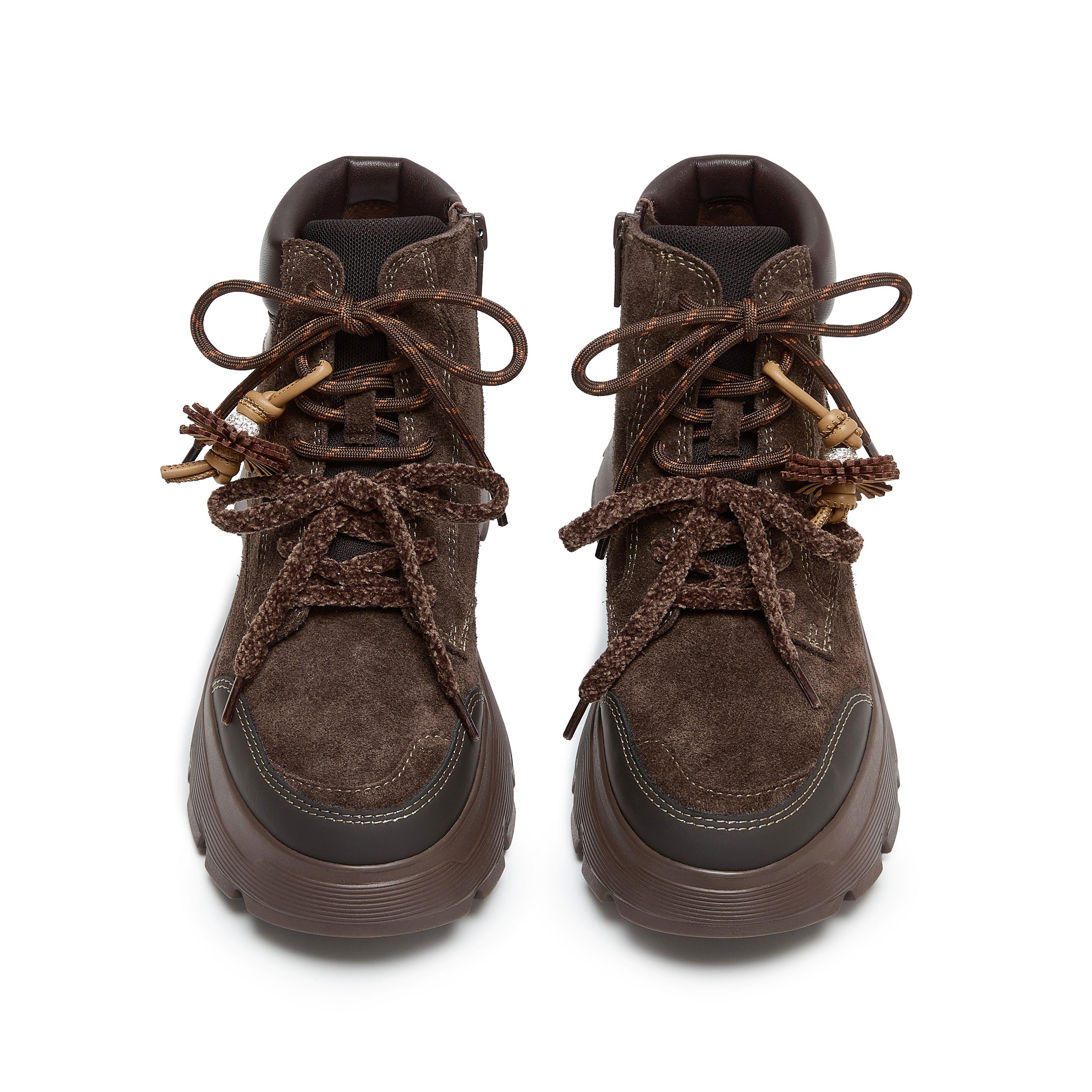 Dark Brown Suede Lace-Up Chunky Boots with Fireworks Charm