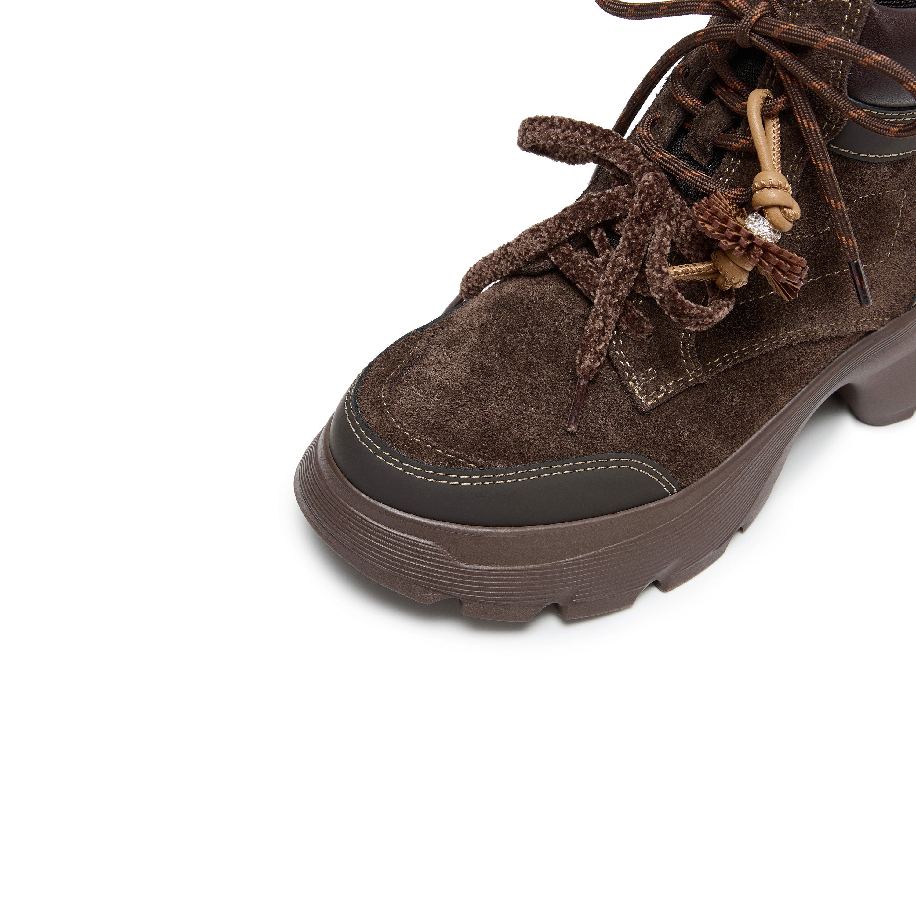 Dark Brown Suede Lace-Up Chunky Boots with Fireworks Charm