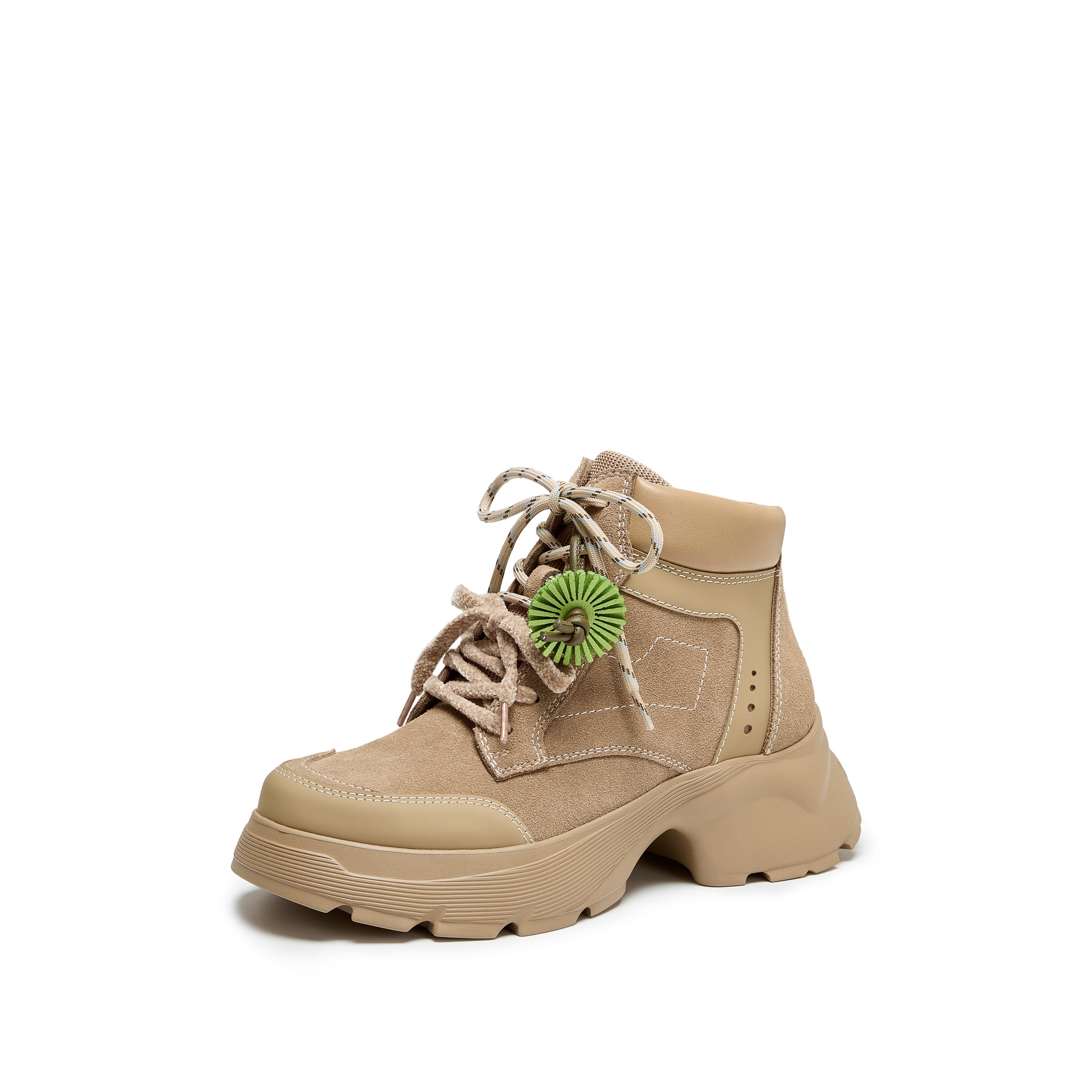 Beige Suede Lace-Up Chunky Boots with Fireworks Charm