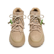 Beige Suede Lace-Up Chunky Boots with Fireworks Charm