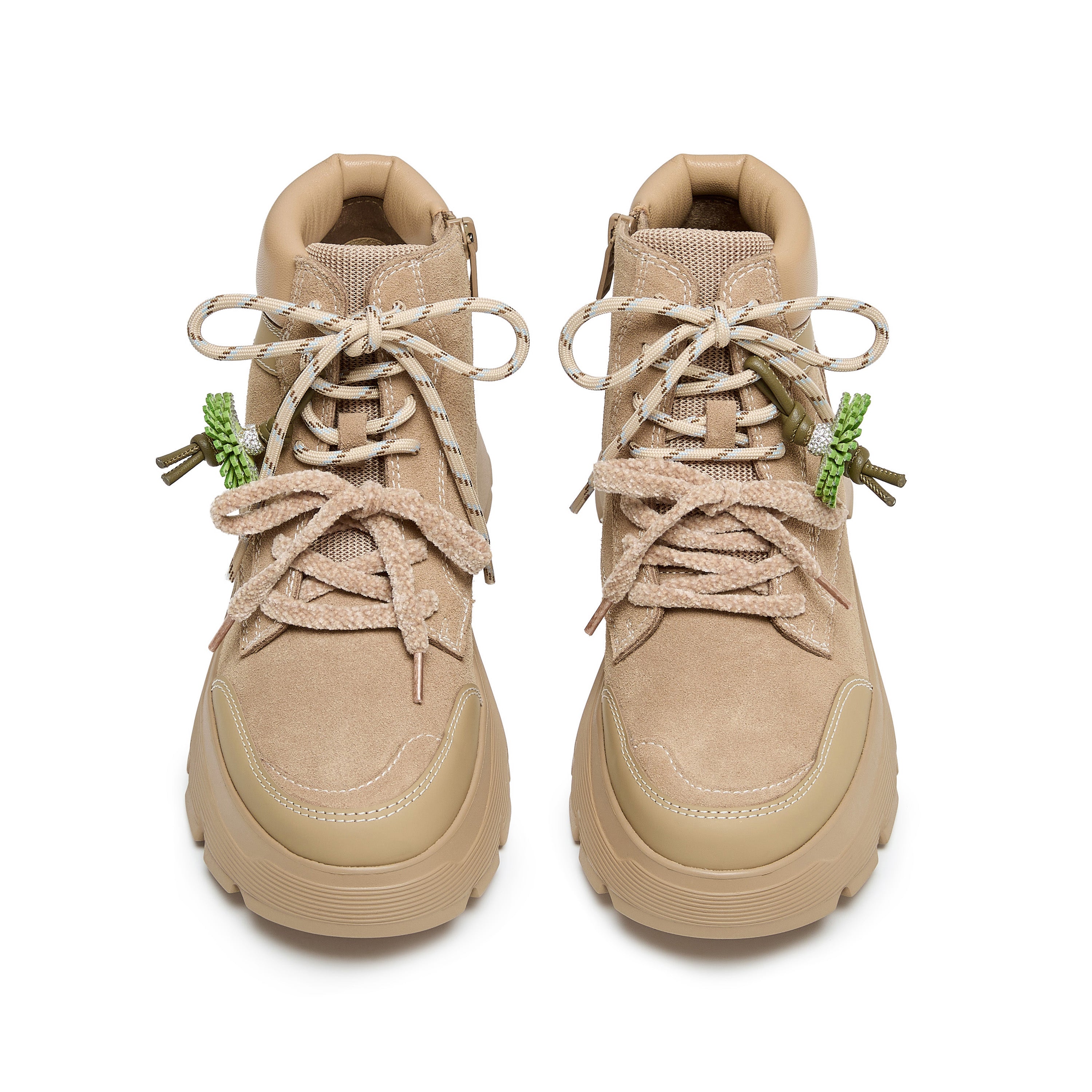 Beige Suede Lace-Up Chunky Boots with Fireworks Charm