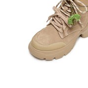 Beige Suede Lace-Up Chunky Boots with Fireworks Charm