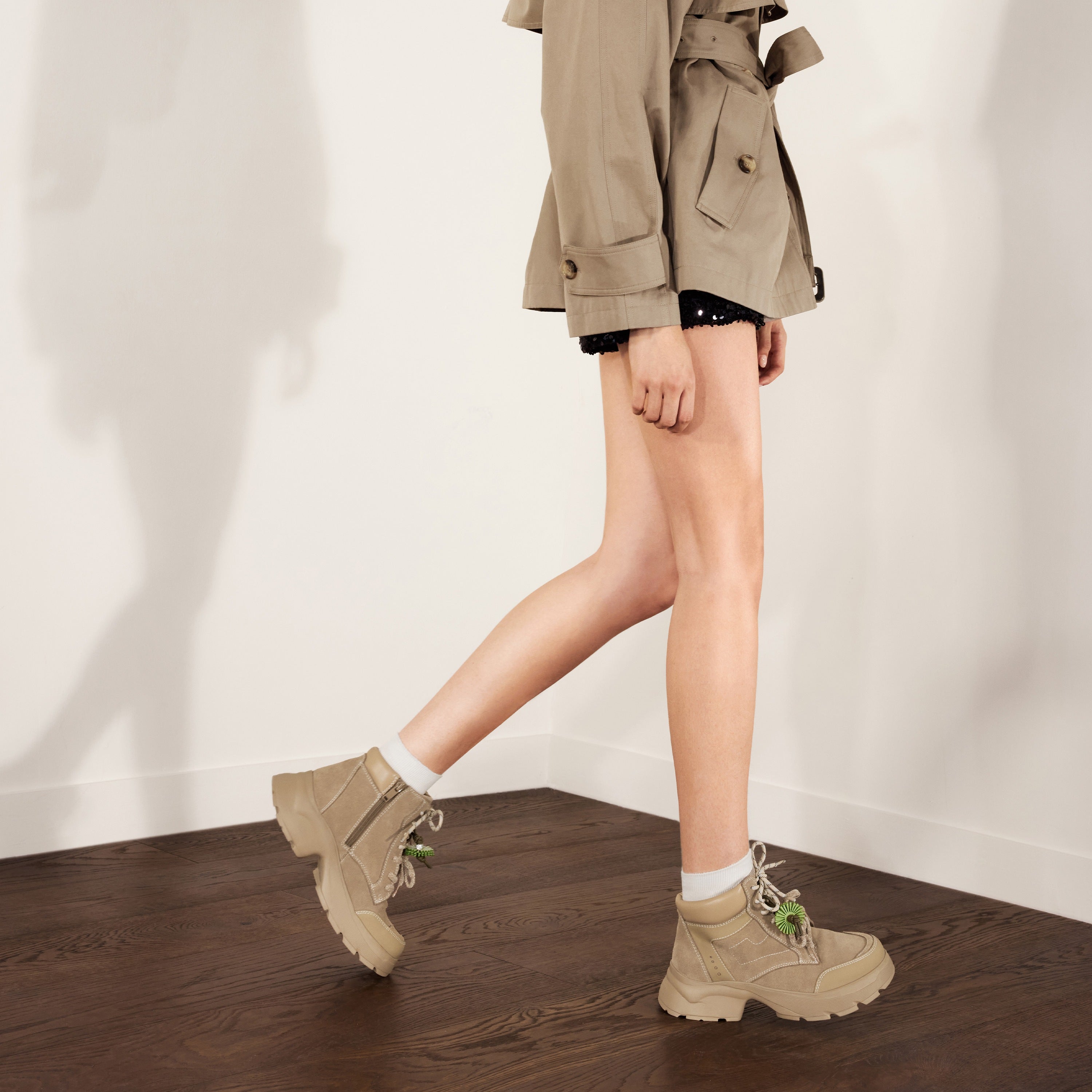 Beige Suede Lace-Up Chunky Boots with Fireworks Charm