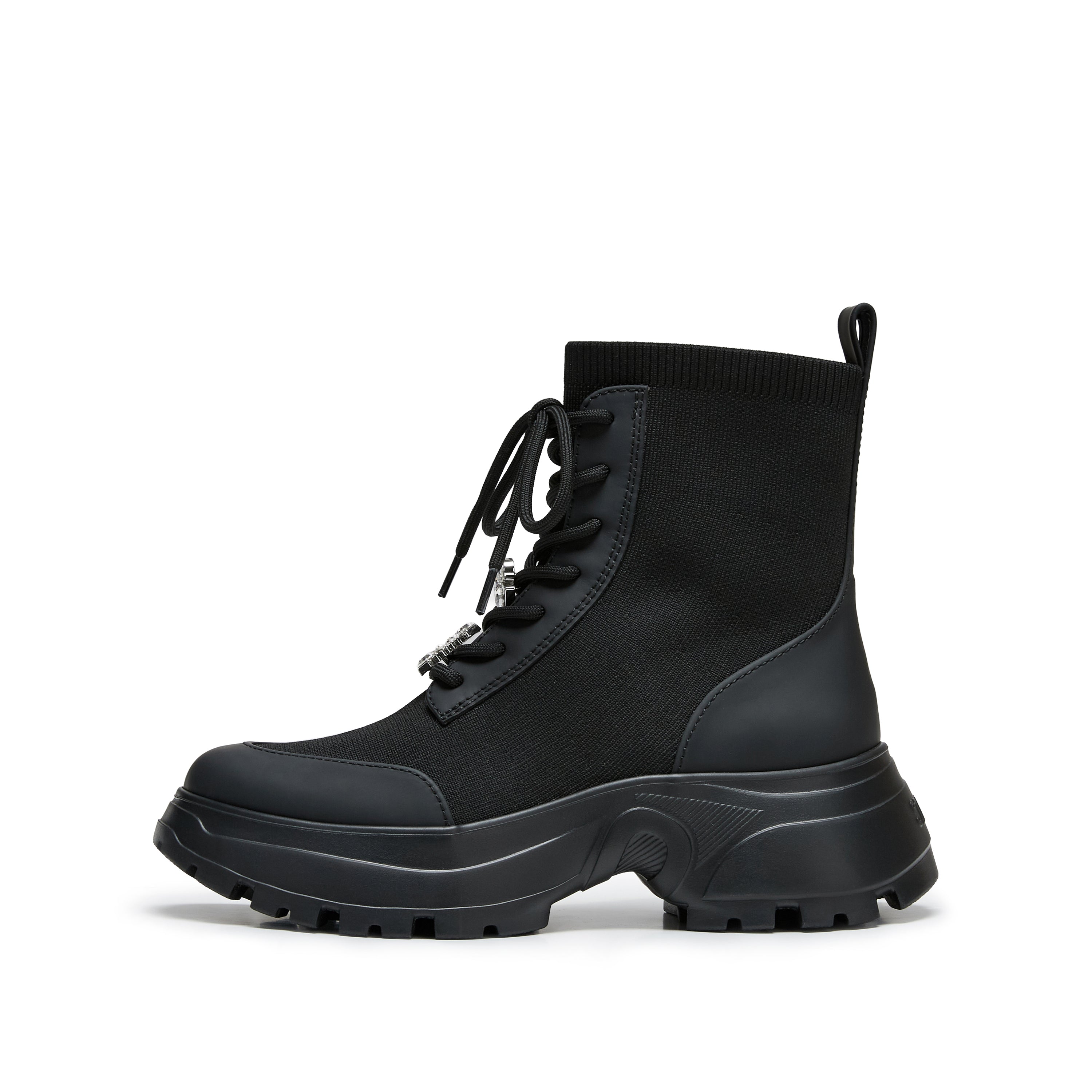 Black Knit Sock Boots with Crystal Buckle & Chunky Sole