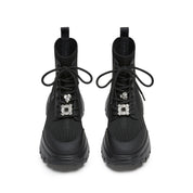 Black Knit Sock Boots with Crystal Buckle & Chunky Sole