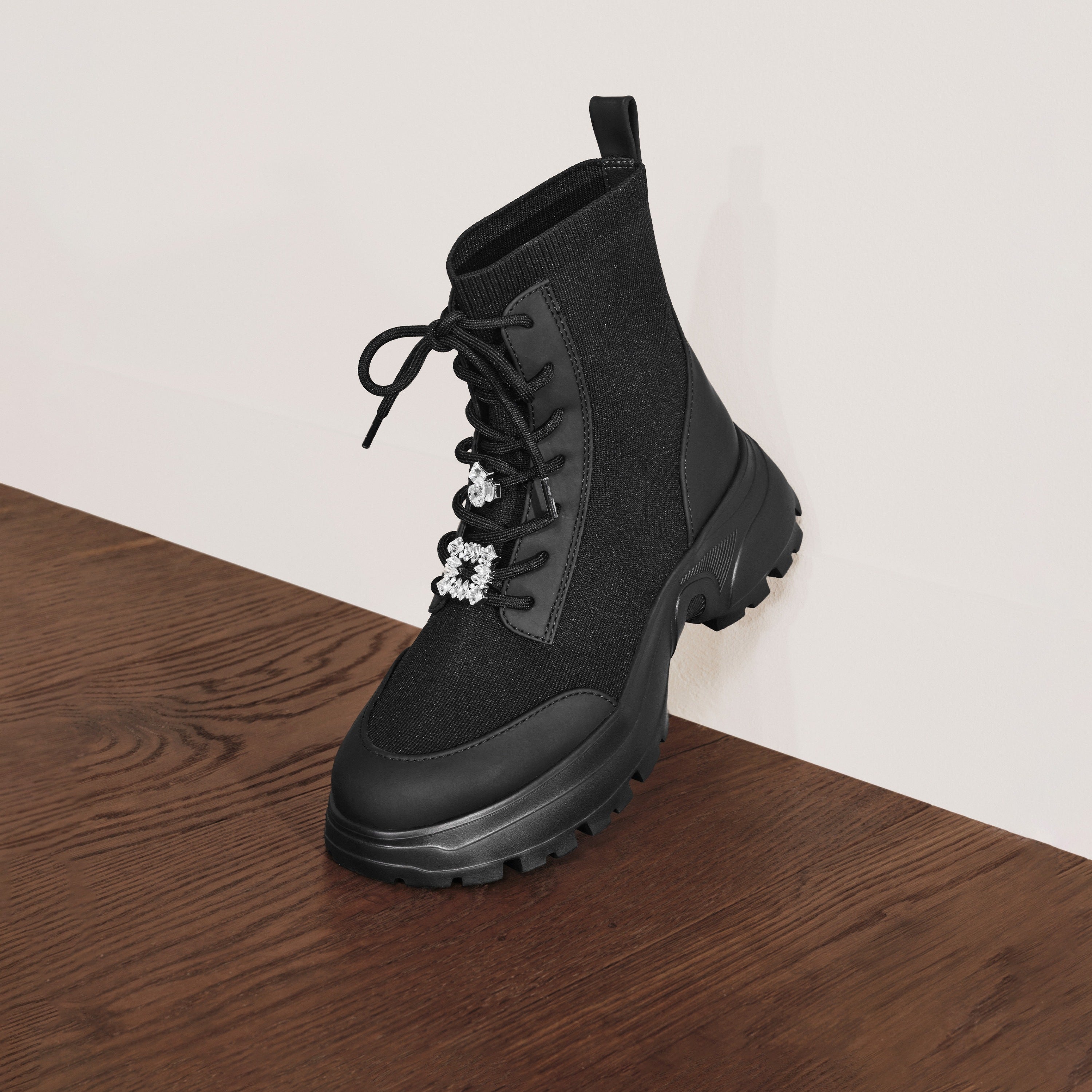 Black Knit Sock Boots with Crystal Buckle & Chunky Sole