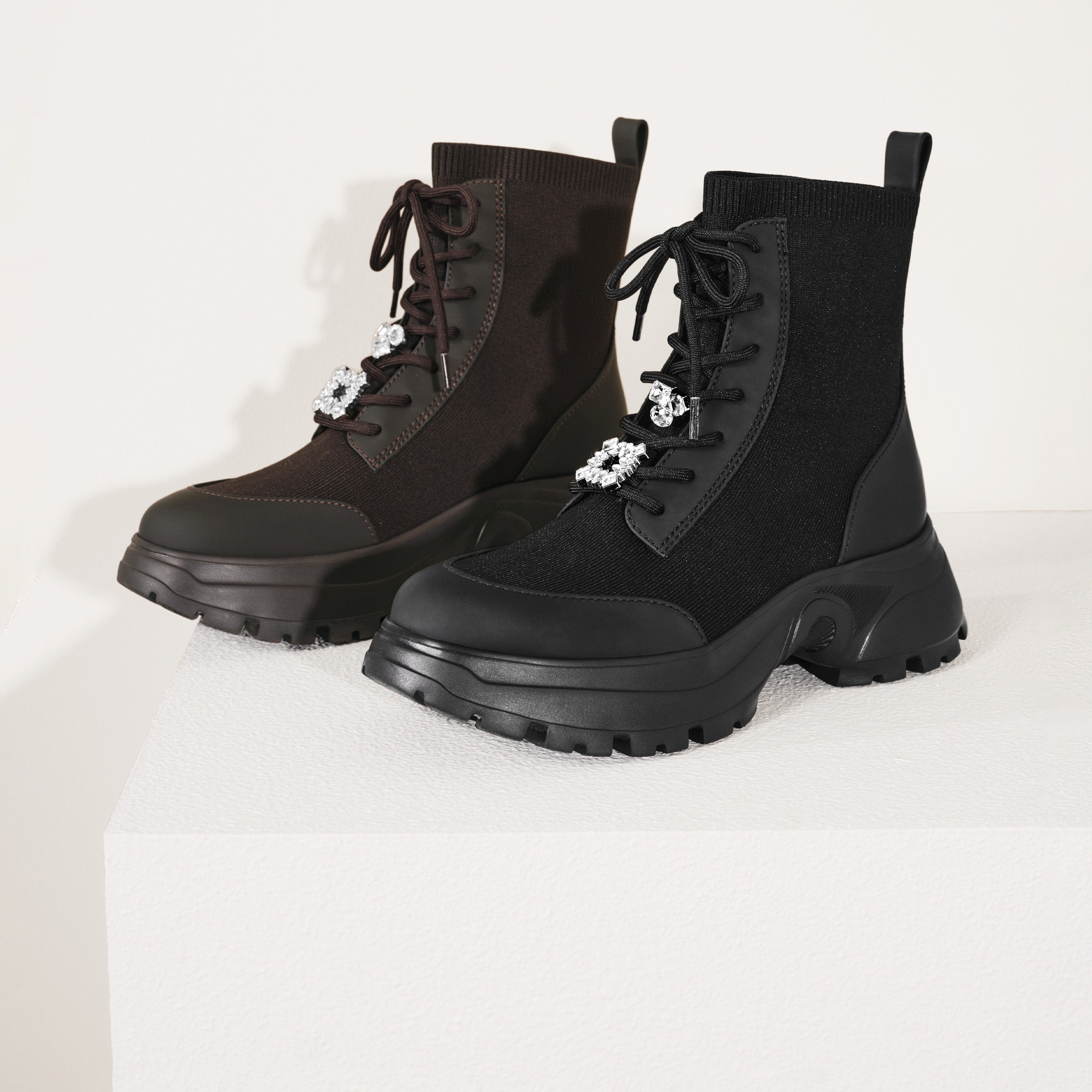 Black Knit Sock Boots with Crystal Buckle & Chunky Sole