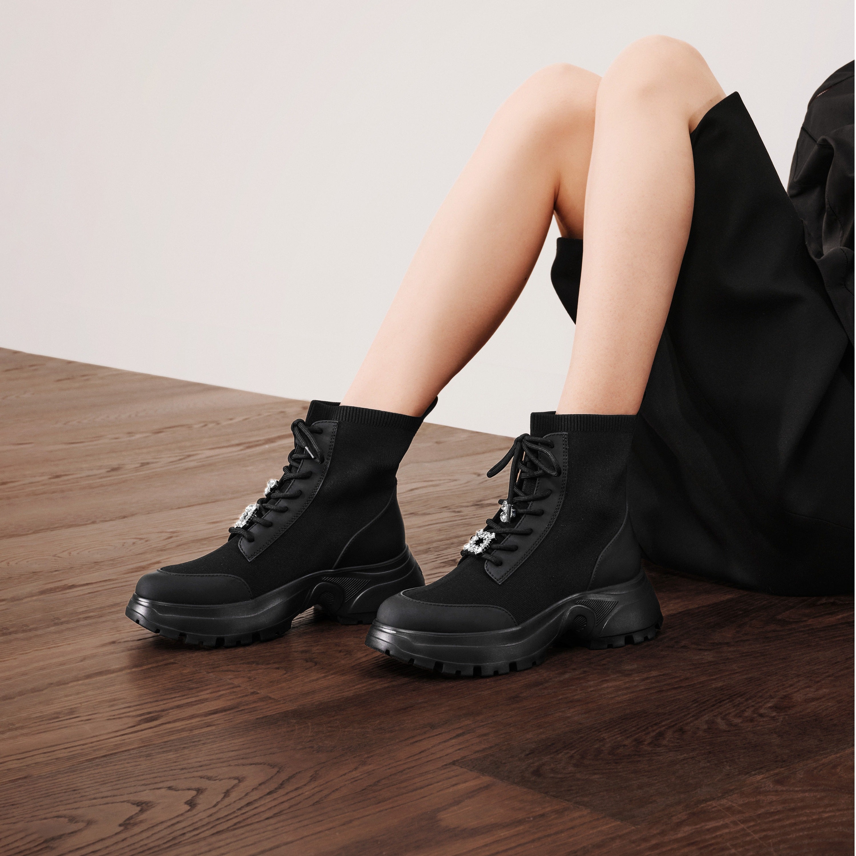 Black Knit Sock Boots with Crystal Buckle & Chunky Sole