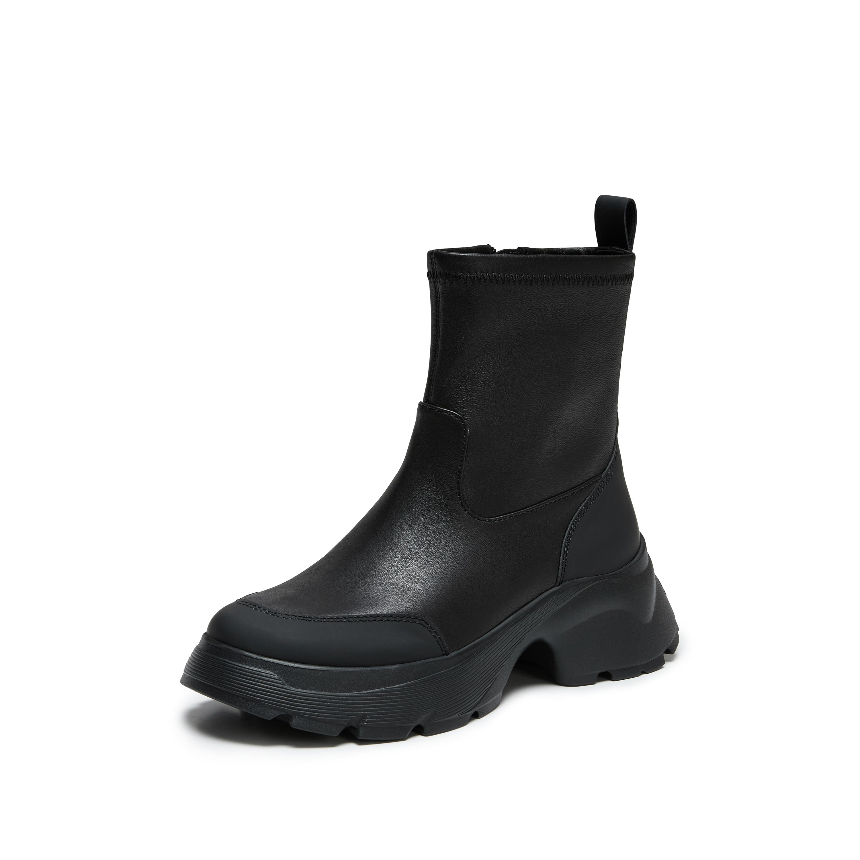 Black Stretch Leather Chunky Platform Ankle Boots
