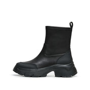 Black Stretch Leather Chunky Platform Ankle Boots