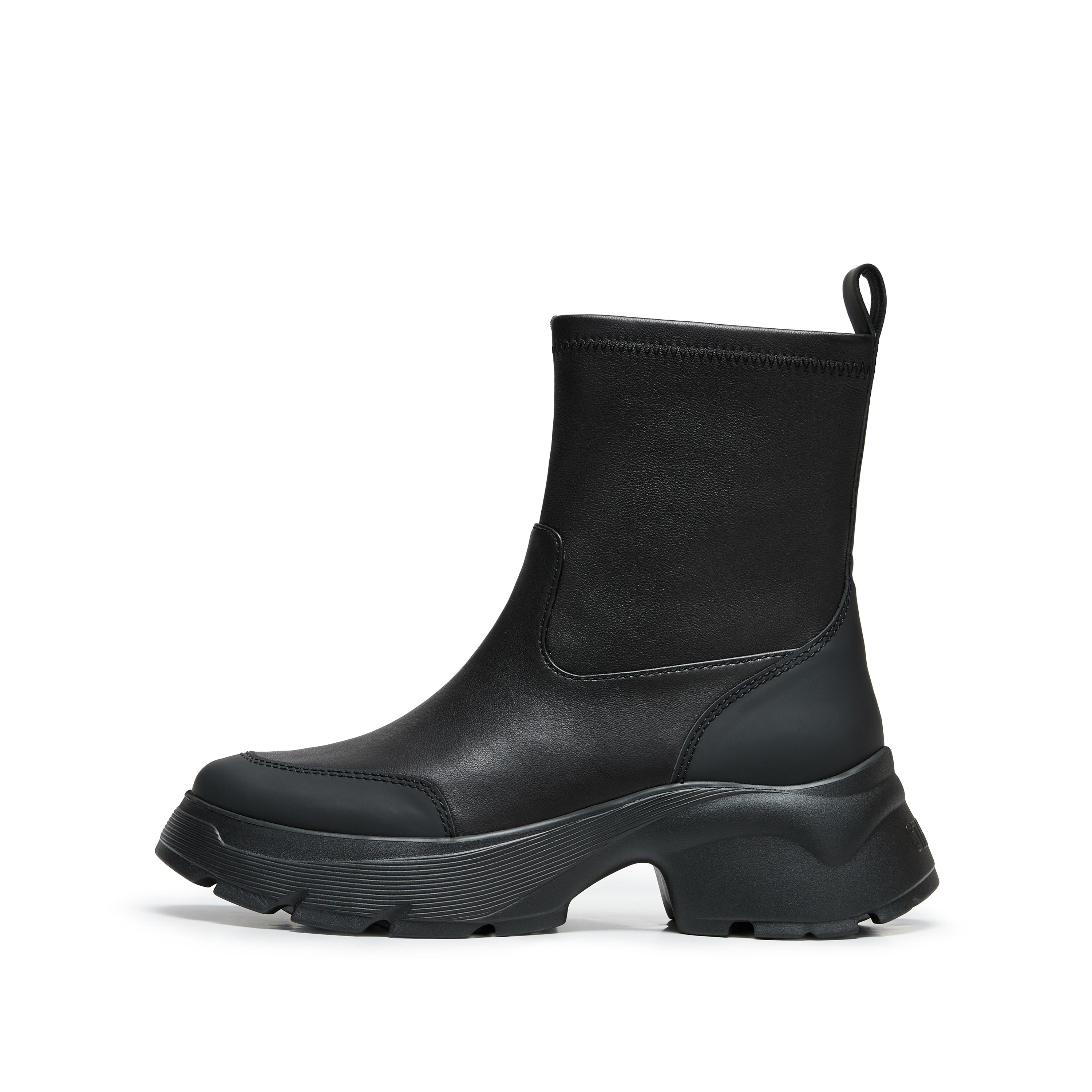 Black Stretch Leather Chunky Platform Ankle Boots