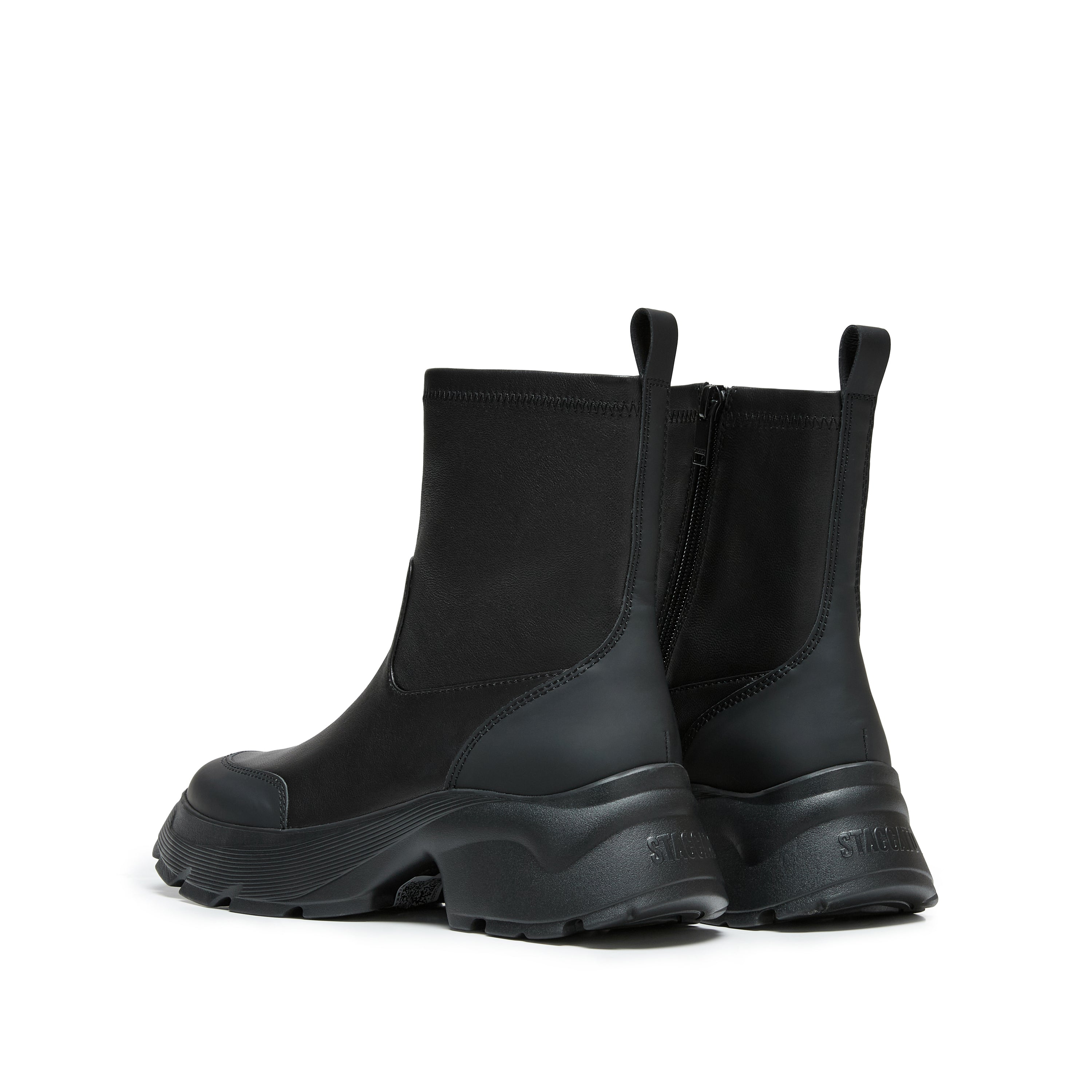 Black Stretch Leather Chunky Platform Ankle Boots