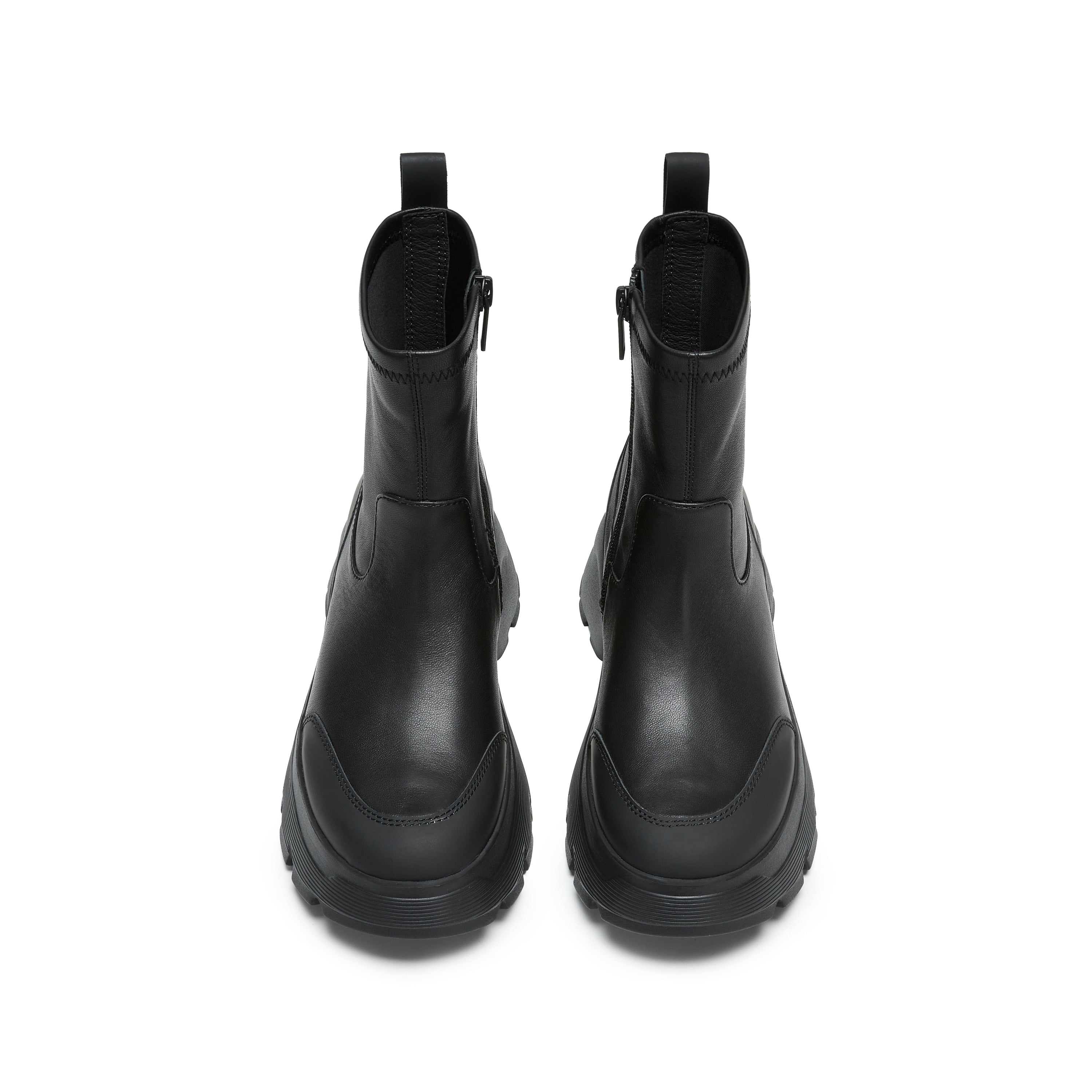 Black Stretch Leather Chunky Platform Ankle Boots