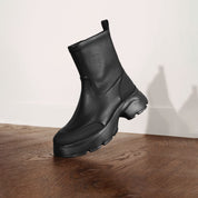 Black Stretch Leather Chunky Platform Ankle Boots