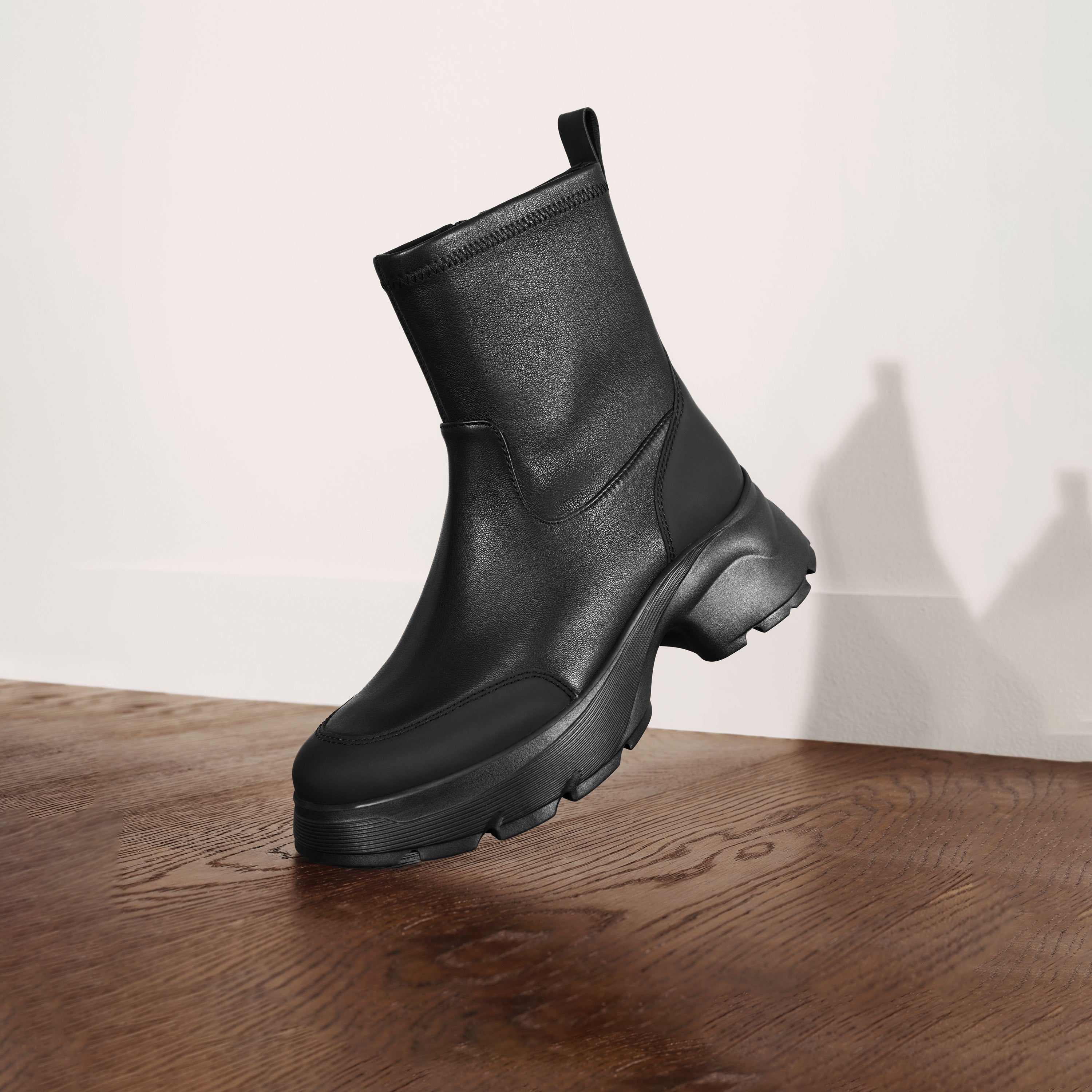 Black Stretch Leather Chunky Platform Ankle Boots