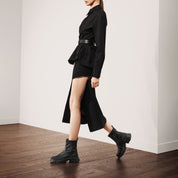 Black Stretch Leather Chunky Platform Ankle Boots