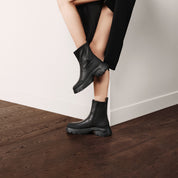 Black Stretch Leather Chunky Platform Ankle Boots