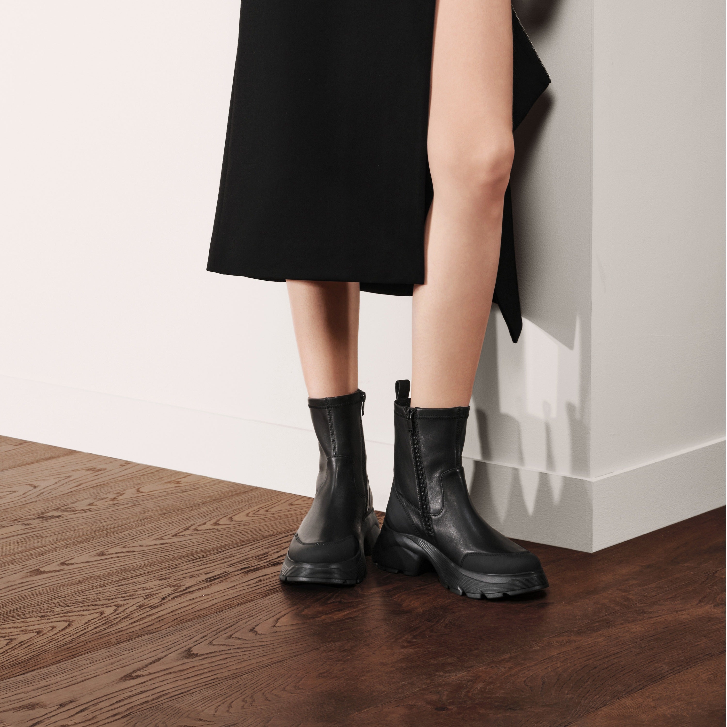 Black Stretch Leather Chunky Platform Ankle Boots