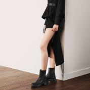 Black Stretch Leather Chunky Platform Ankle Boots