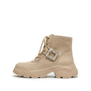 Taupe Suede Lace-Up Chunky Boots with Crystal Buckle