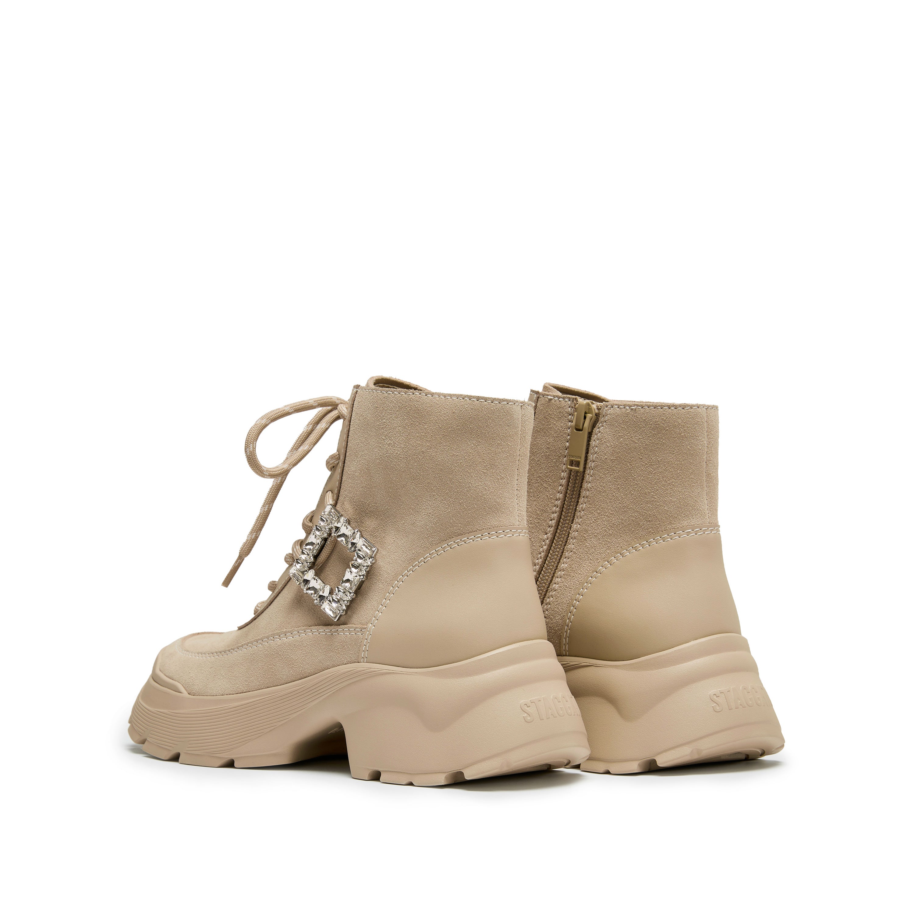 Taupe Suede Lace-Up Chunky Boots with Crystal Buckle