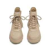 Taupe Suede Lace-Up Chunky Boots with Crystal Buckle