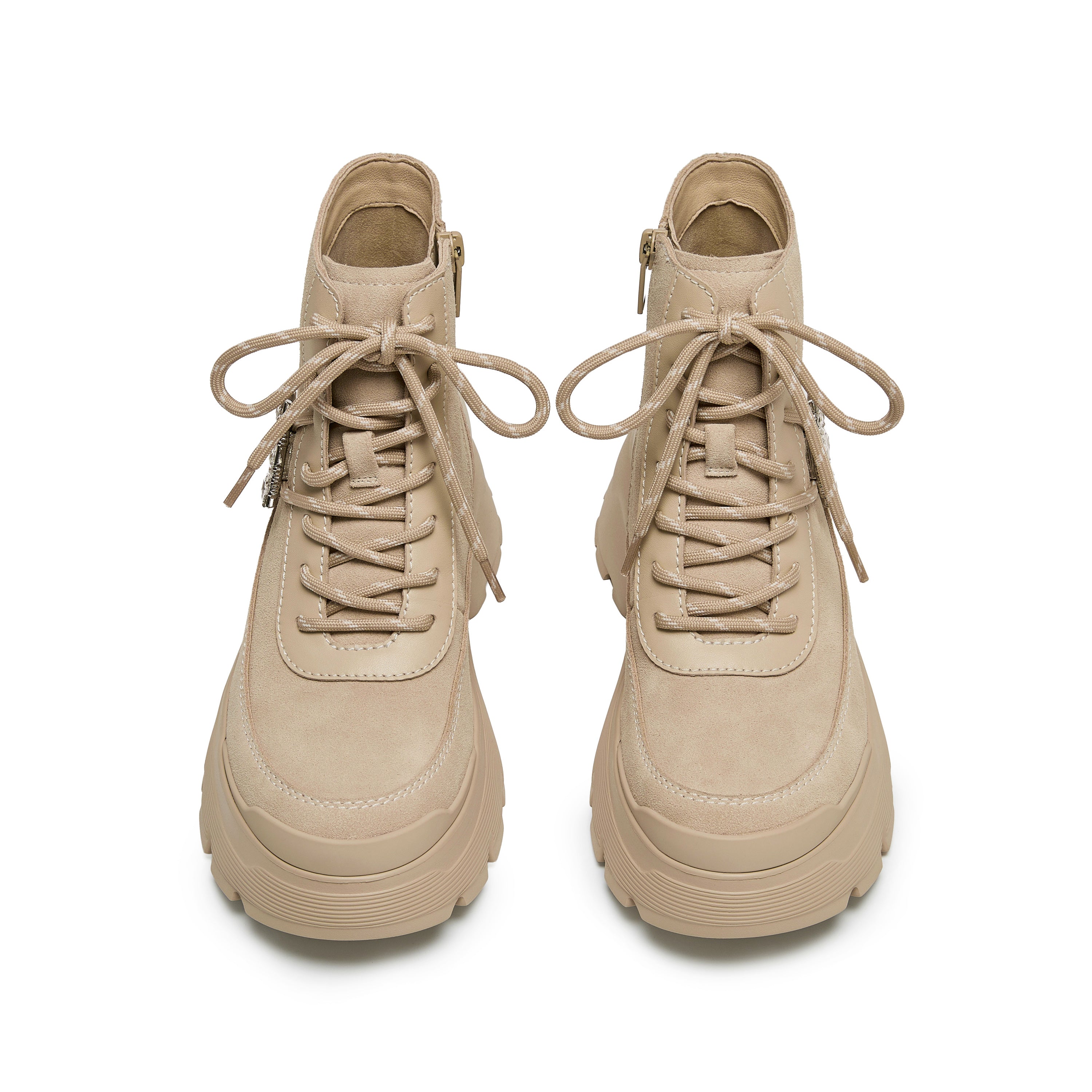 Taupe Suede Lace-Up Chunky Boots with Crystal Buckle