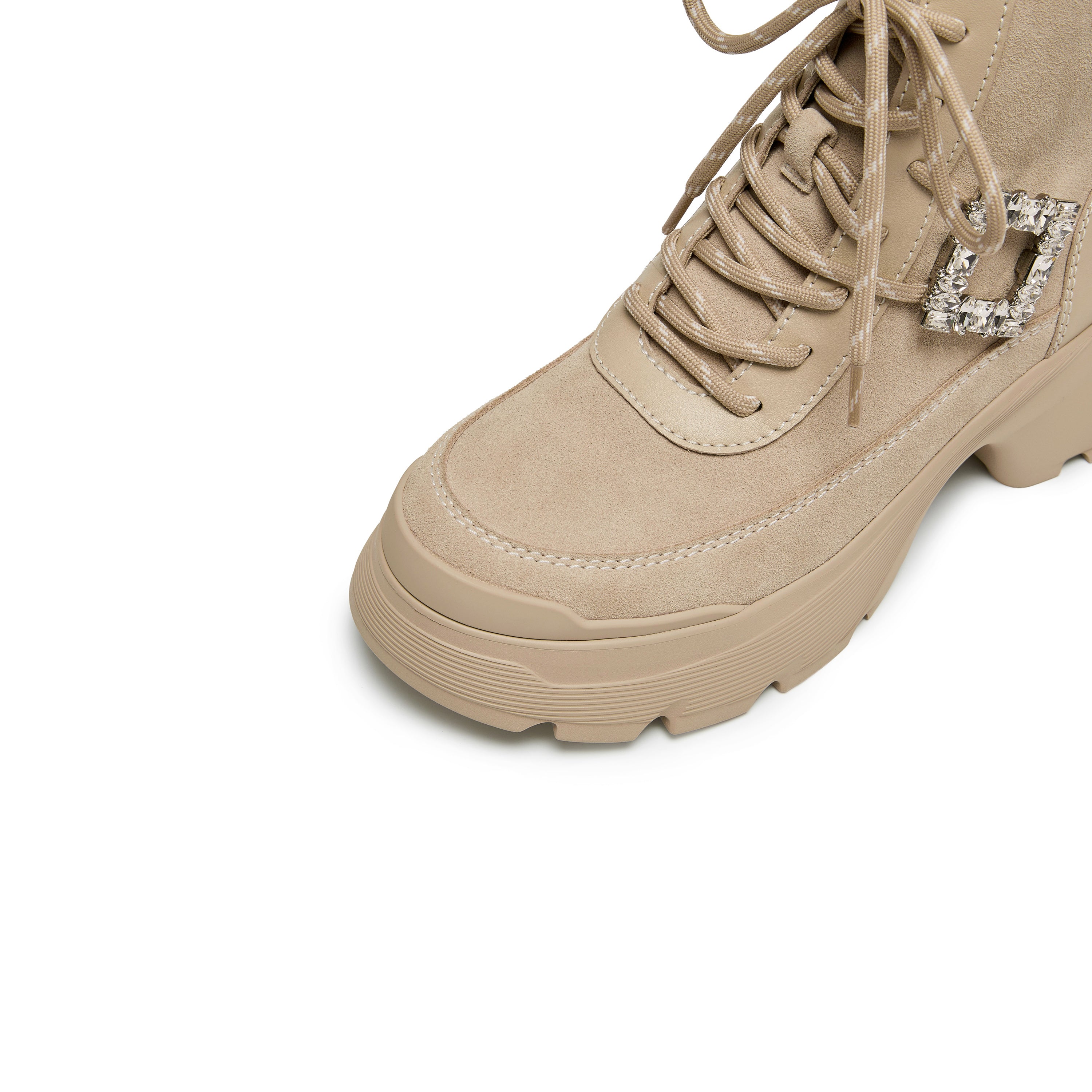 Taupe Suede Lace-Up Chunky Boots with Crystal Buckle