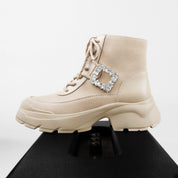 Taupe Suede Lace-Up Chunky Boots with Crystal Buckle