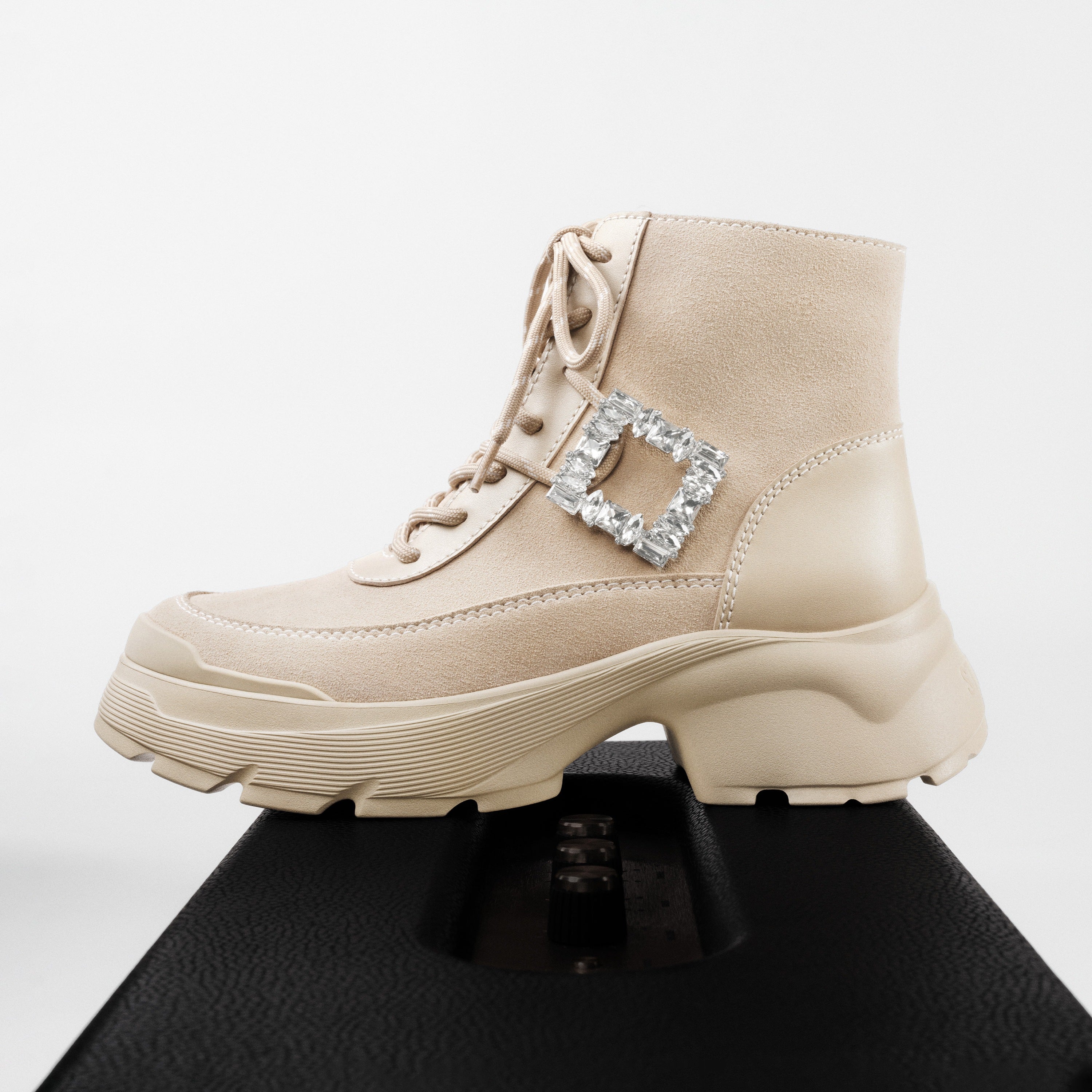 Taupe Suede Lace-Up Chunky Boots with Crystal Buckle