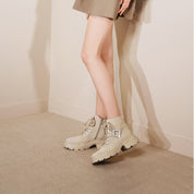 Taupe Suede Lace-Up Chunky Boots with Crystal Buckle