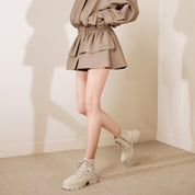 Taupe Suede Lace-Up Chunky Boots with Crystal Buckle
